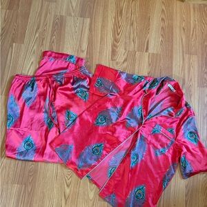 Their Nibs Red Peacock Feather Satin Pajama Set
